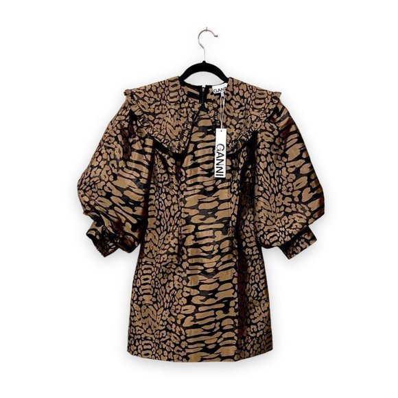Ganni Dresses & Skirts - NWT Ganni Jacquard Puff Sleeve Leopard Animal Print Satin Mini Dress Size 2